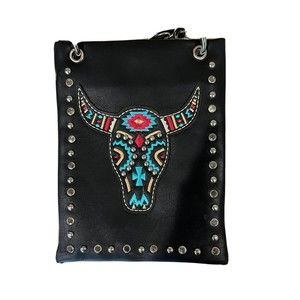 Leather crossbody Purse Embroidered Cow Skull Design